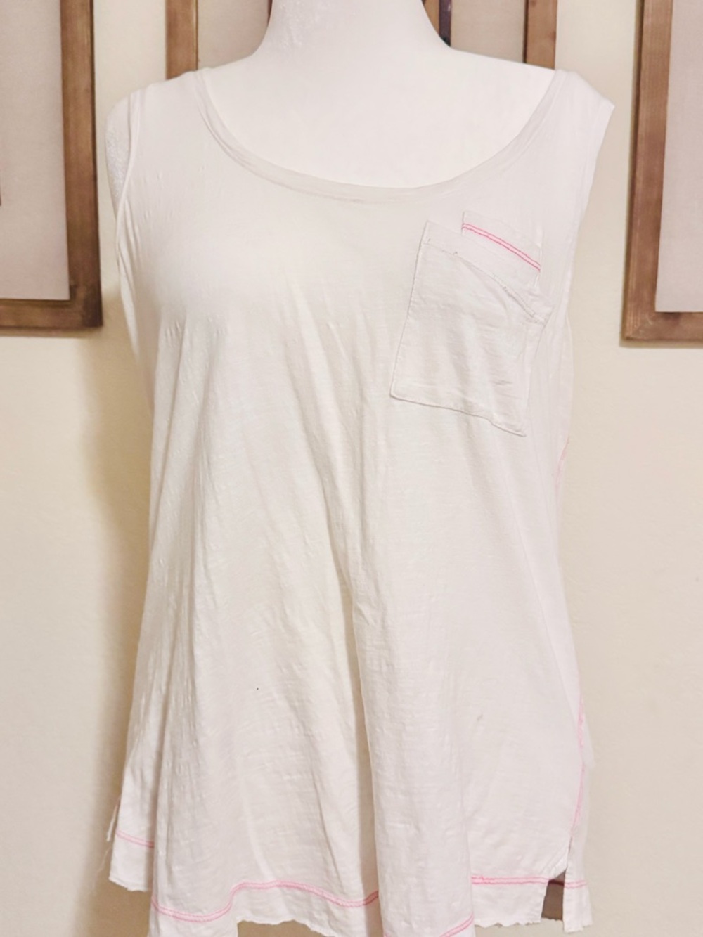 Anthropologie Large White Tank Top with Pink Stitching